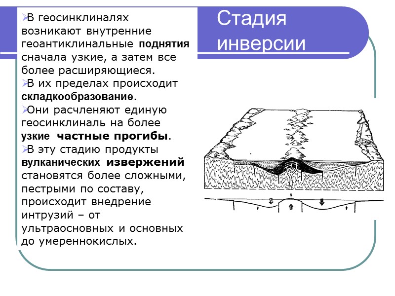 Стадия инверсии В геосинклиналях возникают внутренние геоантиклинальные поднятия сначала узкие, а затем все более